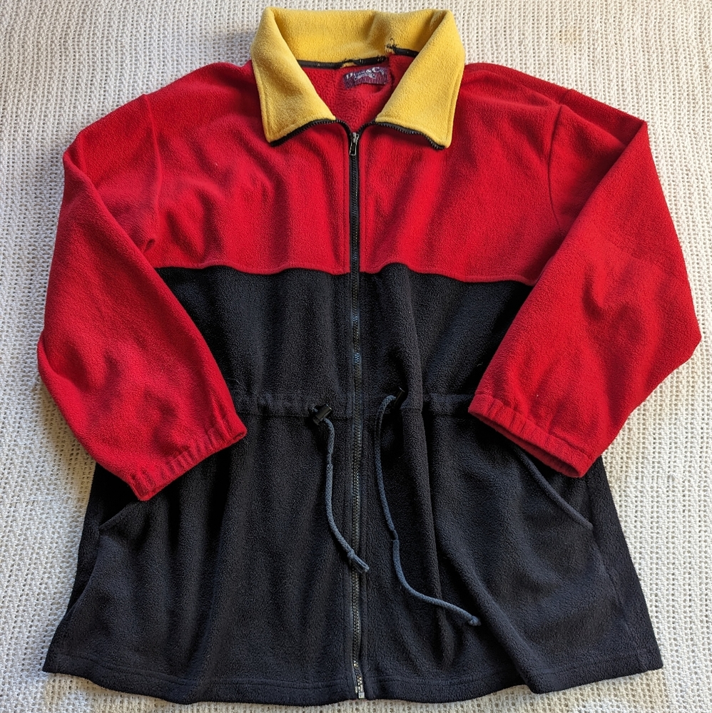 Denim & Co. Utility Long Jacket Plus 2X Black Red Yellow Fleece Mock Neck